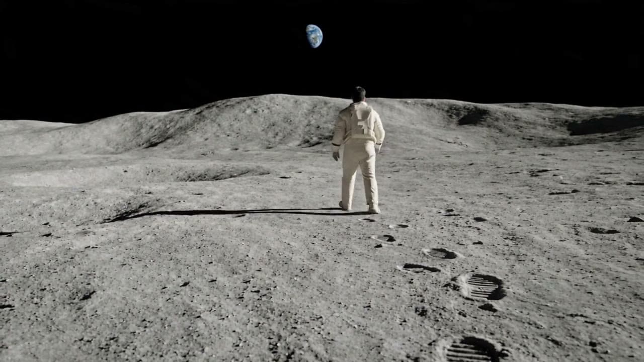 A man in a white suit walks on the Moon, Earth in the distance. Still from The Moon, made for PIXL.
